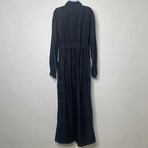 Oyrosy Retro Wide Leg Denim Jumpsuit Size M Dark Wash Black Zip Front Utility - Picture 6 of 9